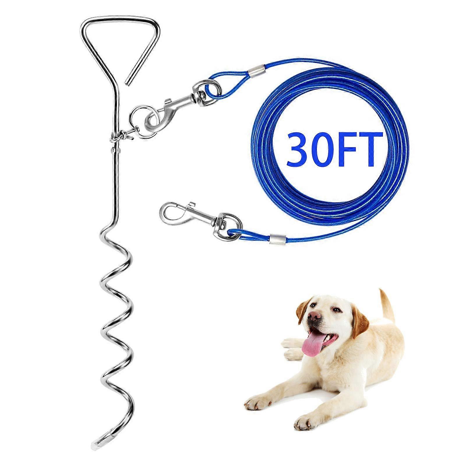 Dog Tie Out Cable and Anti Rust Spiral 30ft , Stake Outside LeashChain for Camping and Yard