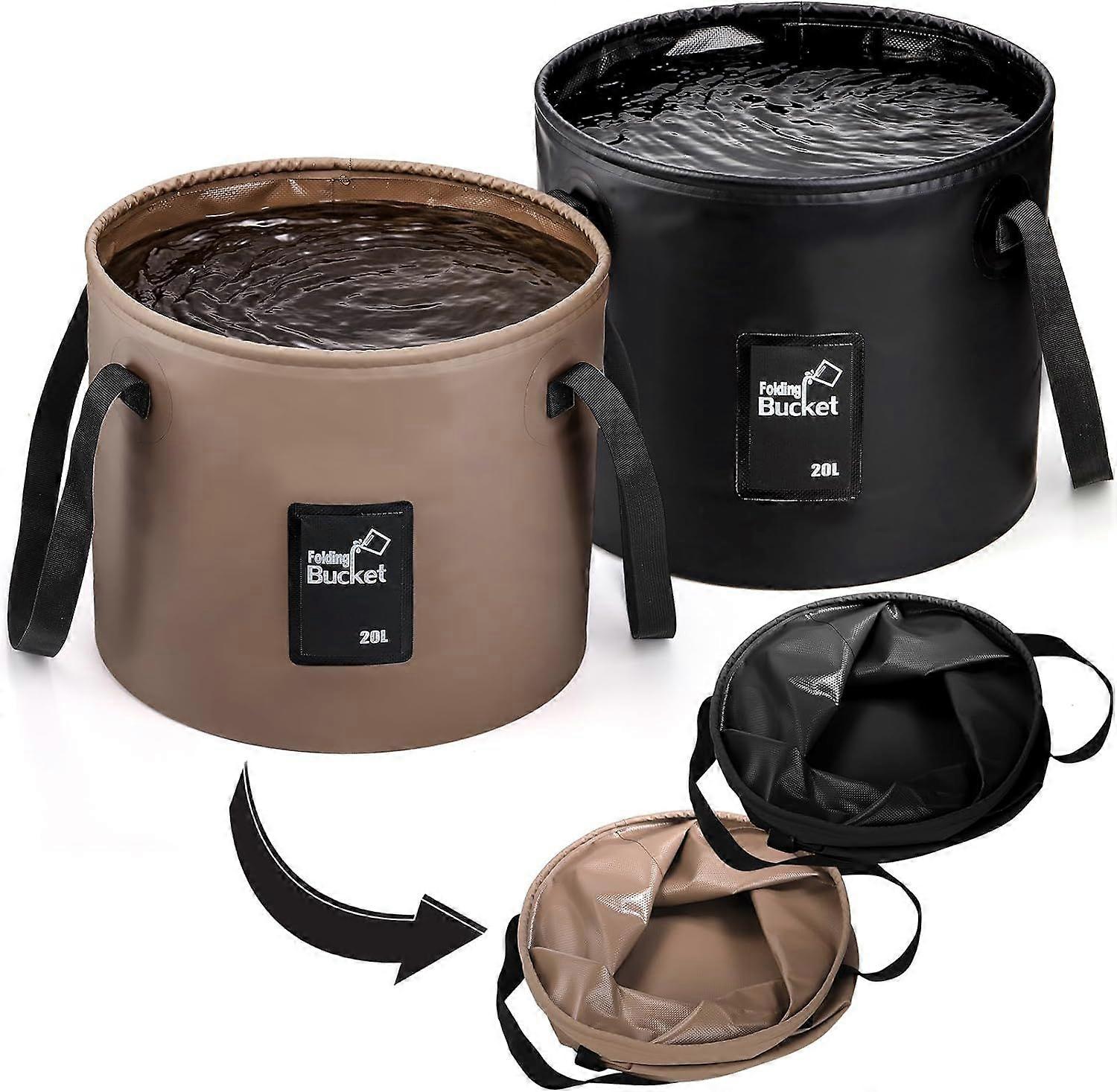 2 Pack Collapsible Buckets With Handles, 20L, Portable Collapsible Bucket Container Wash Basin For Camping, Traveling, Fishing, Black And Khaki