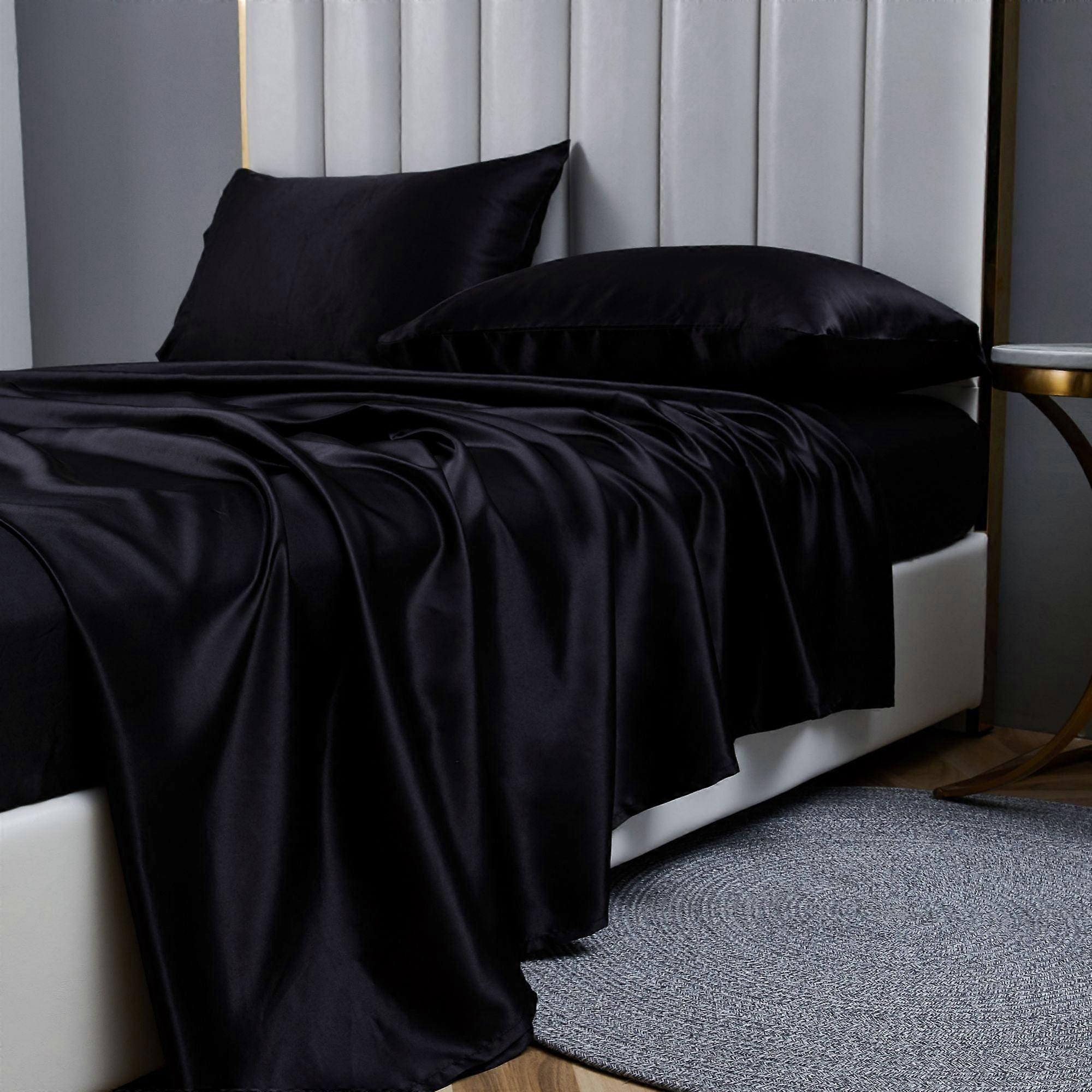Satin Sheets Queen Silk Sheets Black Sheet Set Deep Pocket Bed Flat Fitted Sheet 4 Piece Set