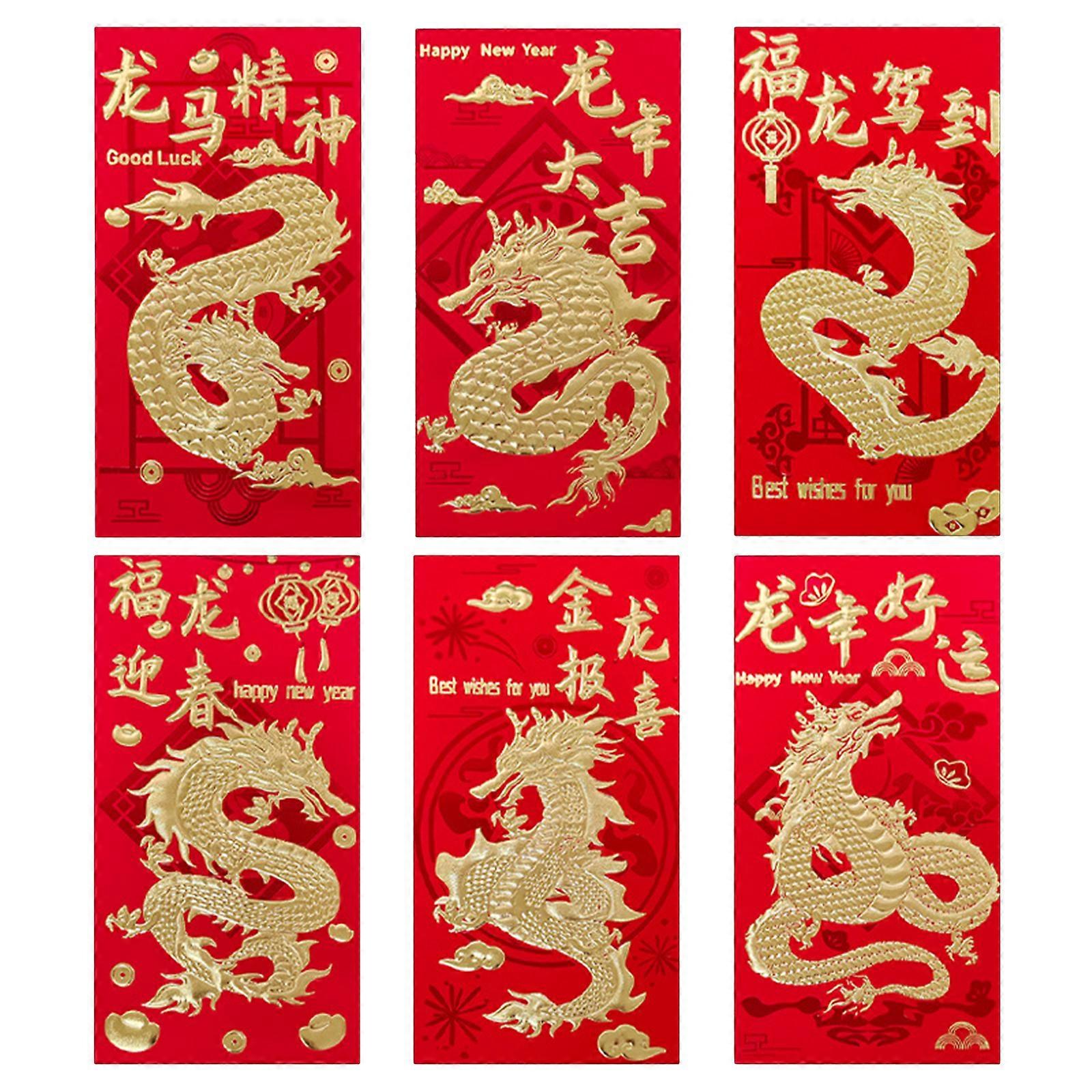 6 Pieces Chinese New Year Redness Envelope Bronzing Embossed Envelope Spring Festival Lucky Money Pocket for New Year