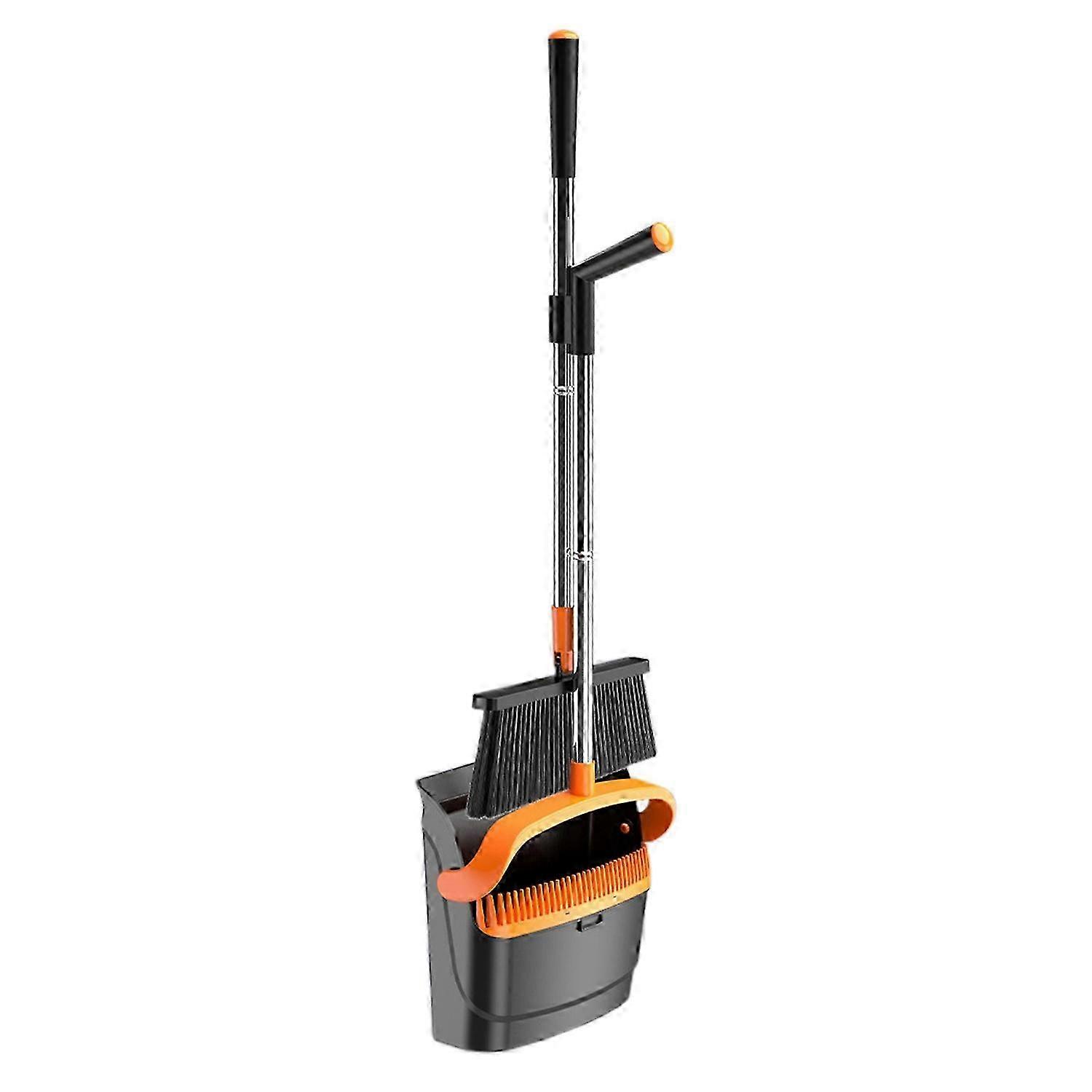 2Pcs/Set Long Handled Dustpan Brush Set with Built-In Comb Teeth 180 Degree Swivel Ergonomic DesignOrange SZRH