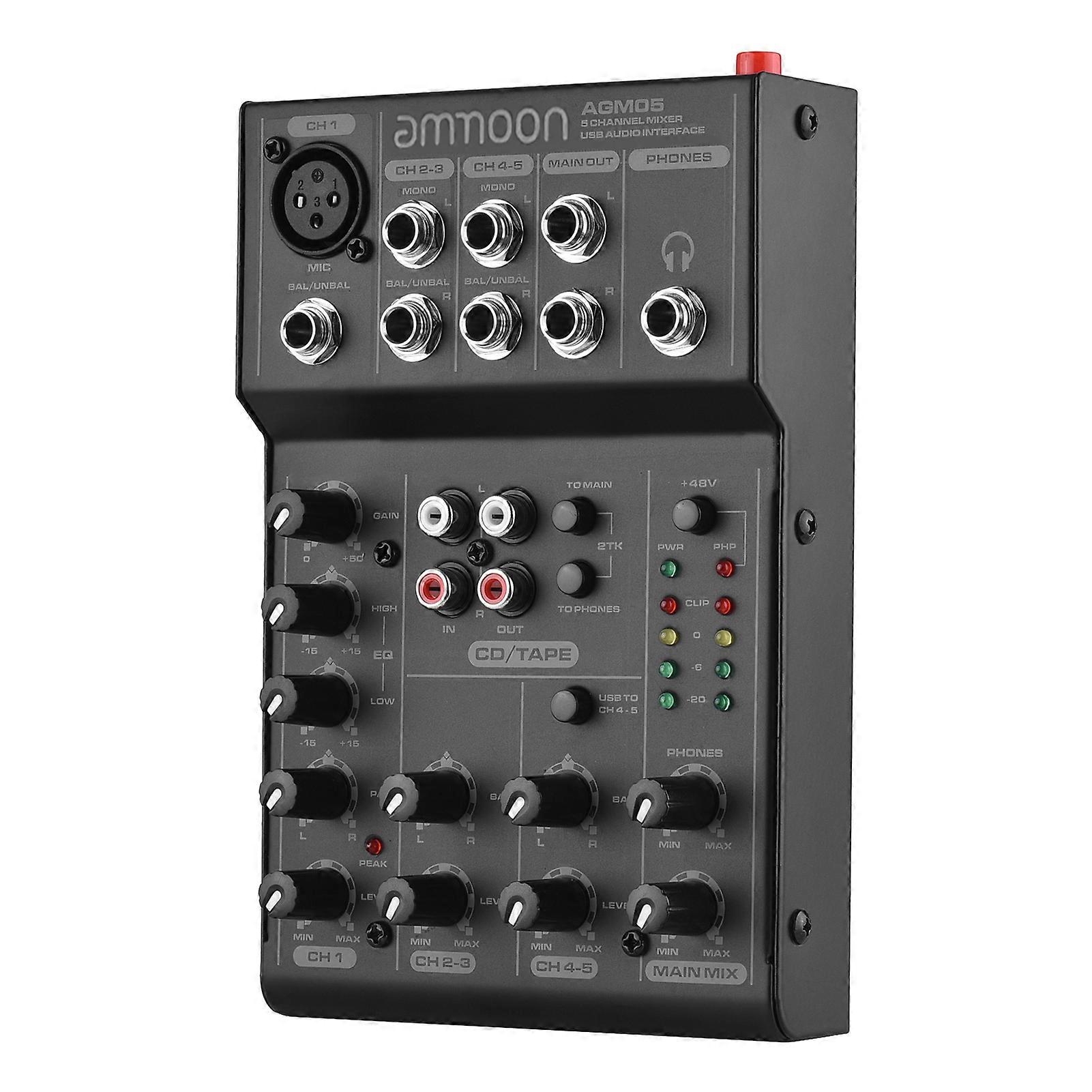 Ammoom AGM05 5-Channel Mini Mixer Mixing Console USB Audio Interface Plug-and-Play +48V Phantom Power for Home Studio Recording Live Streaming Karaok