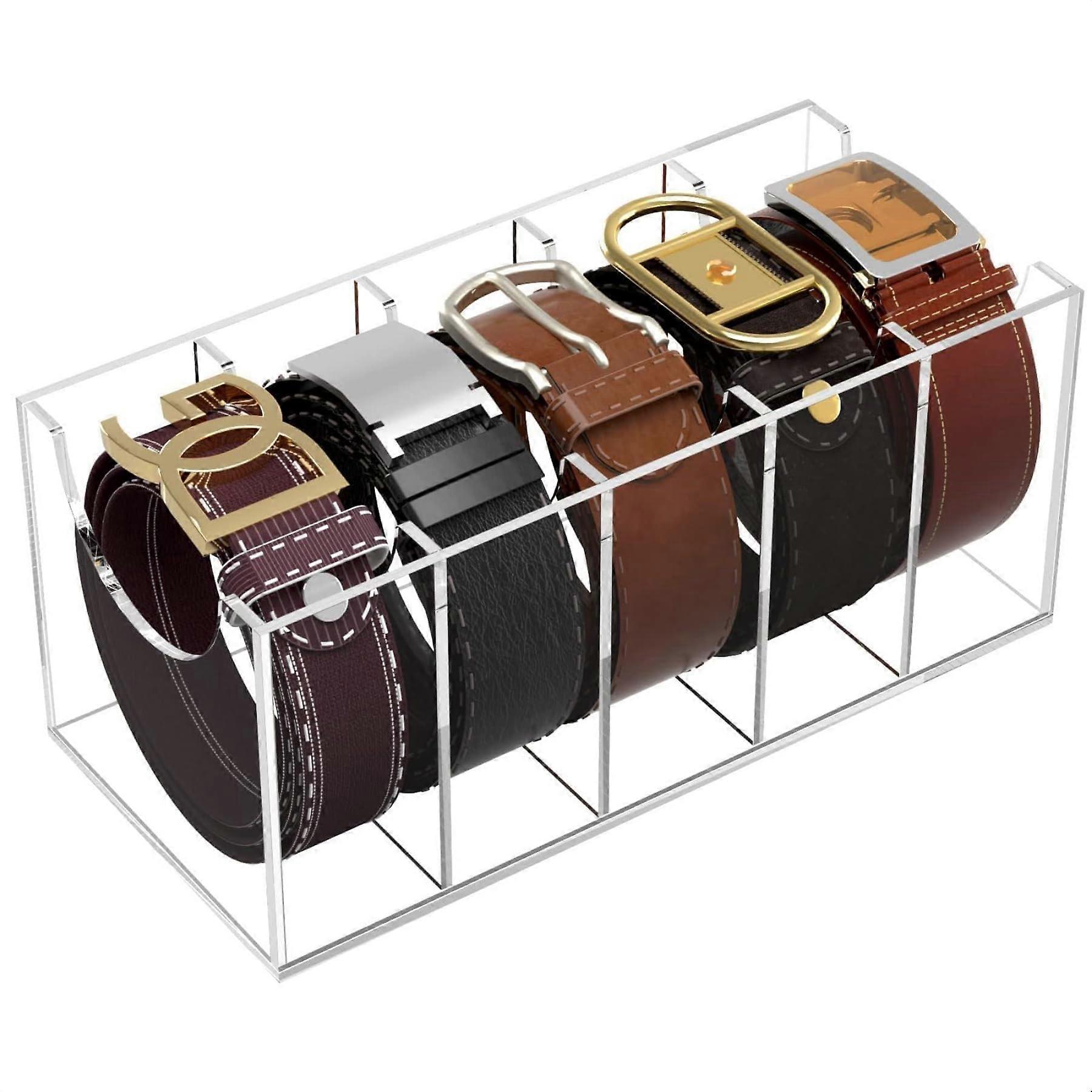 Belt Organiser, Acrylic Belt Tie Storage Organizer with 5 Compartments, Transparent Belt Display Case, Belt Container Storage Holder for Closet