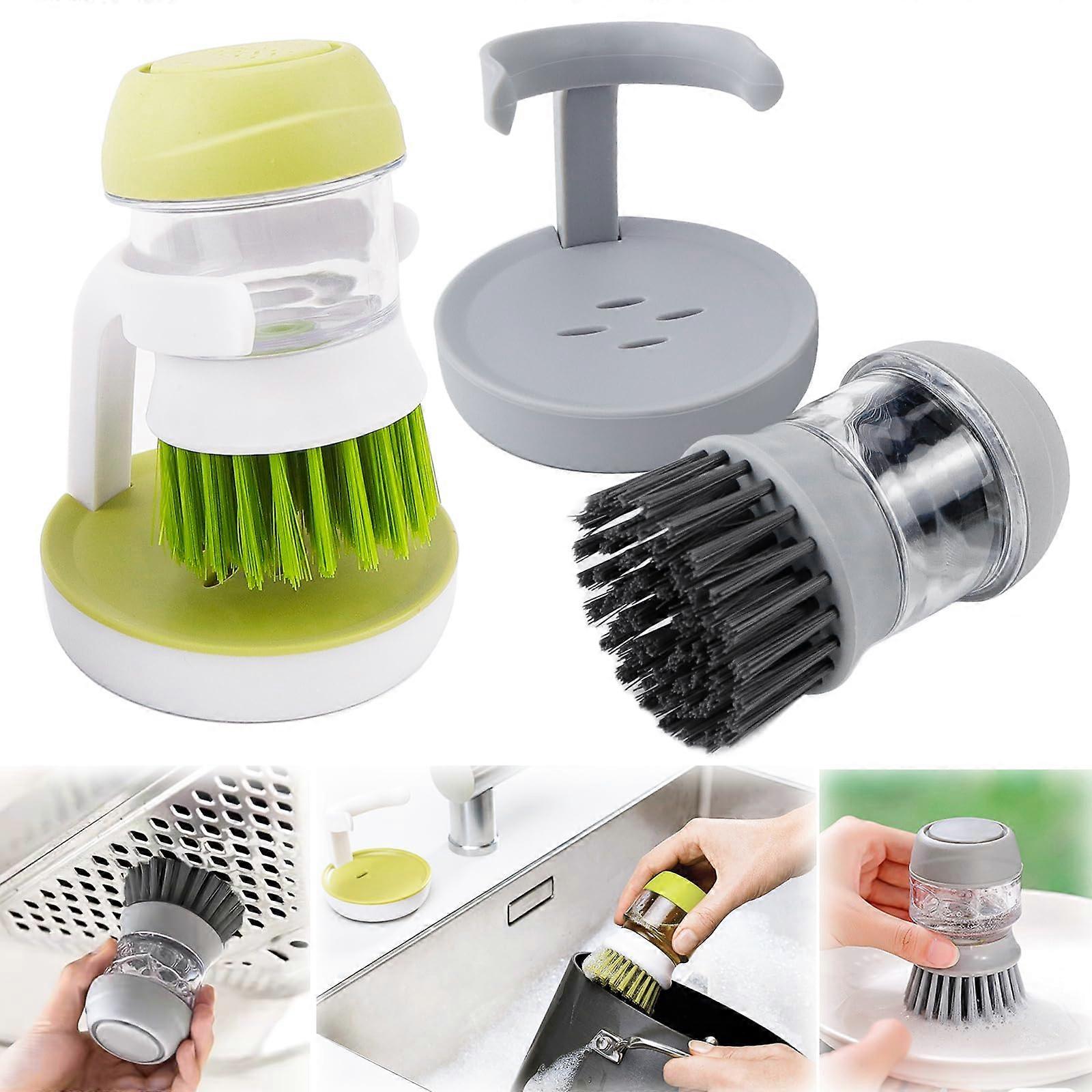 Washing Up Brush with Detergent Dispenser Set of 2, Refillable Soap Holder for Dishes and Pots, Grey and Green
