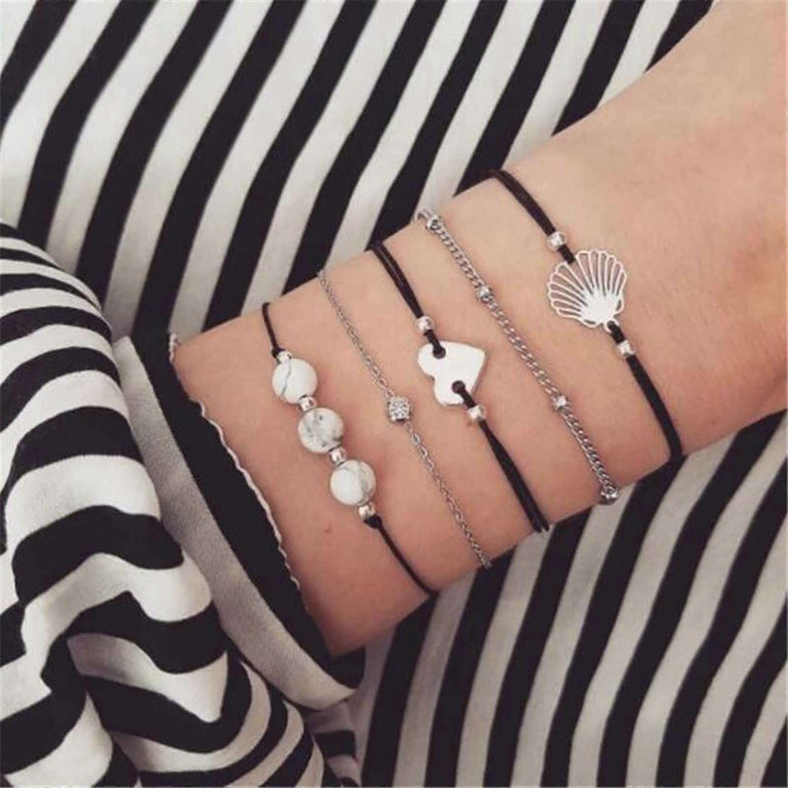 Simple Love Bracelet Set of 5 Boho Style Openwork Shells Hand Chain with Black Rope and Silver Marble Beads for Women and Teen Girls