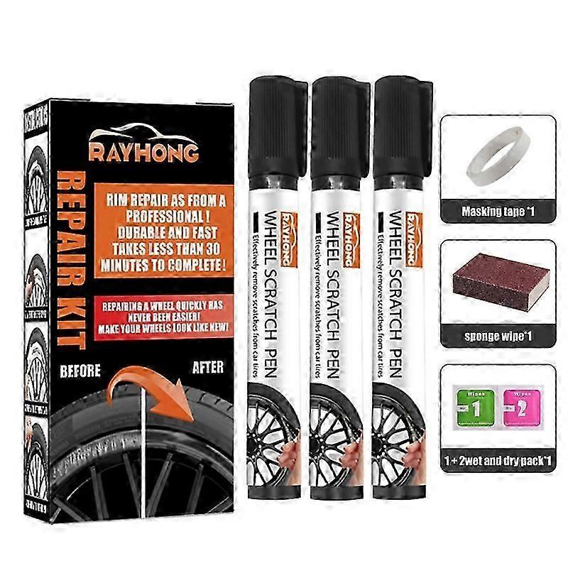 3x Universal Wheel Repair Kit for Surface Damage on Alloy & Steel Wheels, Black Rim Scratch Repair Kit, Wheel Scratch Fix Quick and Easy