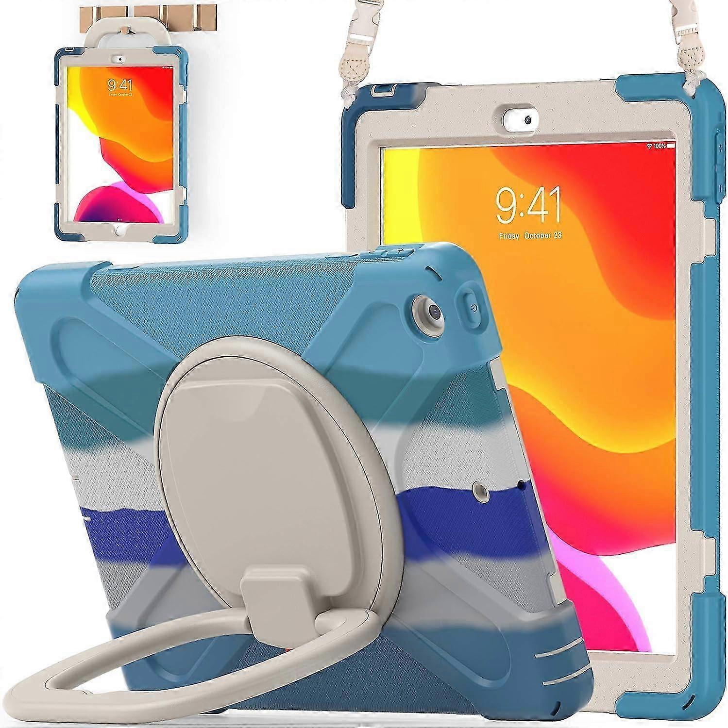 Case Compatible with 10.2 inch Tablet Rugged Case (2021/2020/2019) with Screen Protector, Colorful Blue Rotating Stand/Pencil Holder/Shoulde