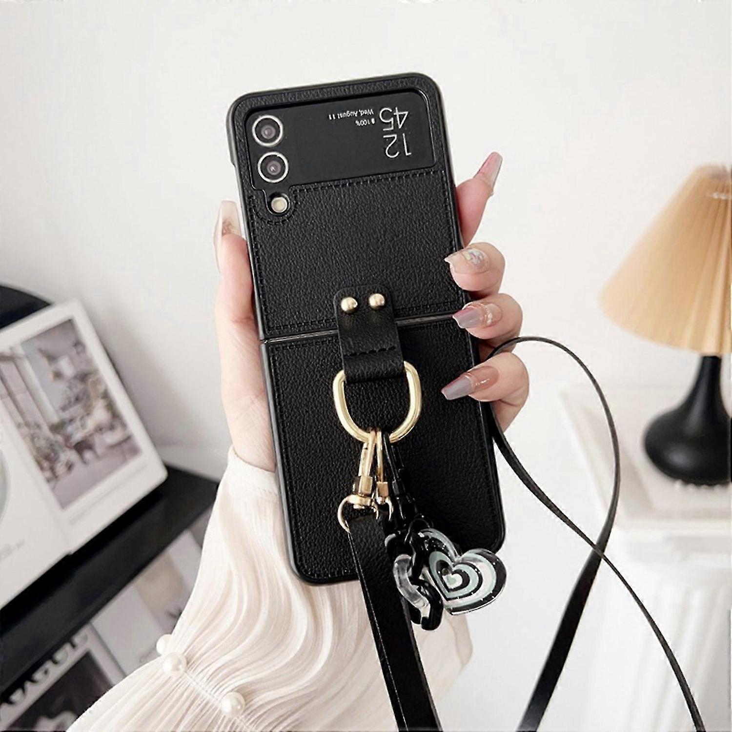 Z Flip 5 Leather Case with Ring Stand, Removable Lanyard Strap Leather Protector Case for Z Flip 5 2