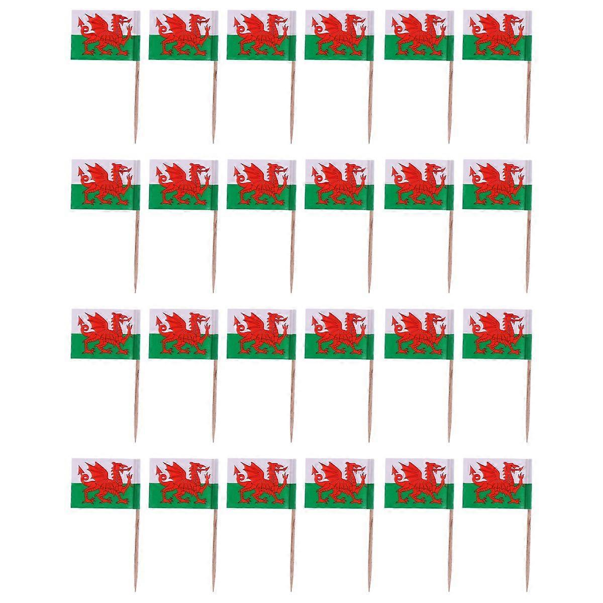 100 قطع خشبية العلم المسواك اليوم الوطني الديكور كب كيك القبعات الغذائية المسواك (الويلزية)