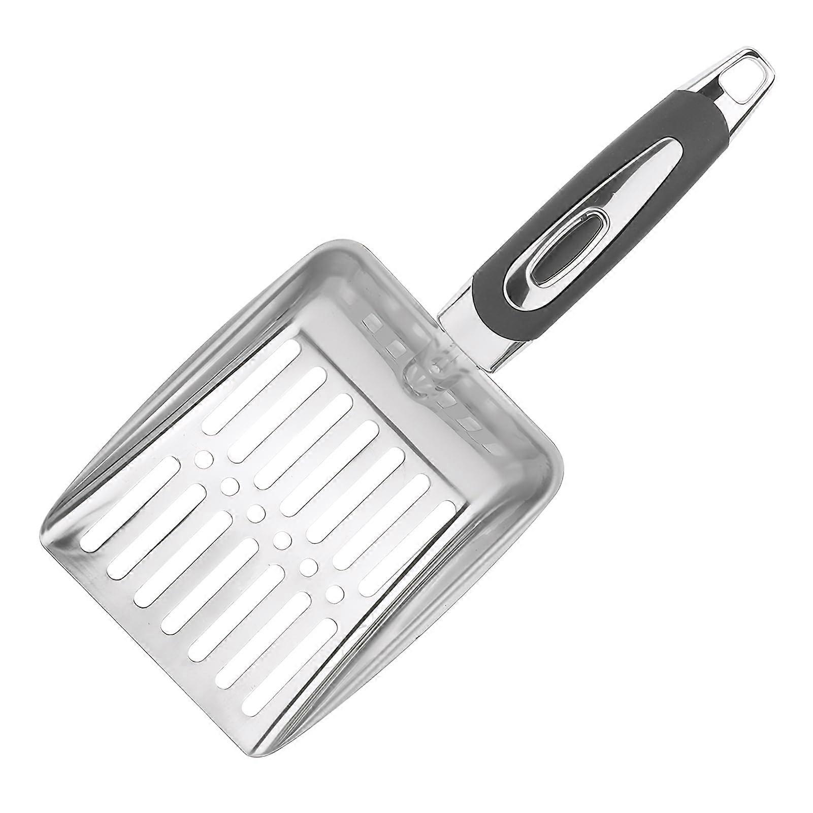 Metal cat litter scoop with ergonomic handle for comfortable use, deep shovel, primary colors