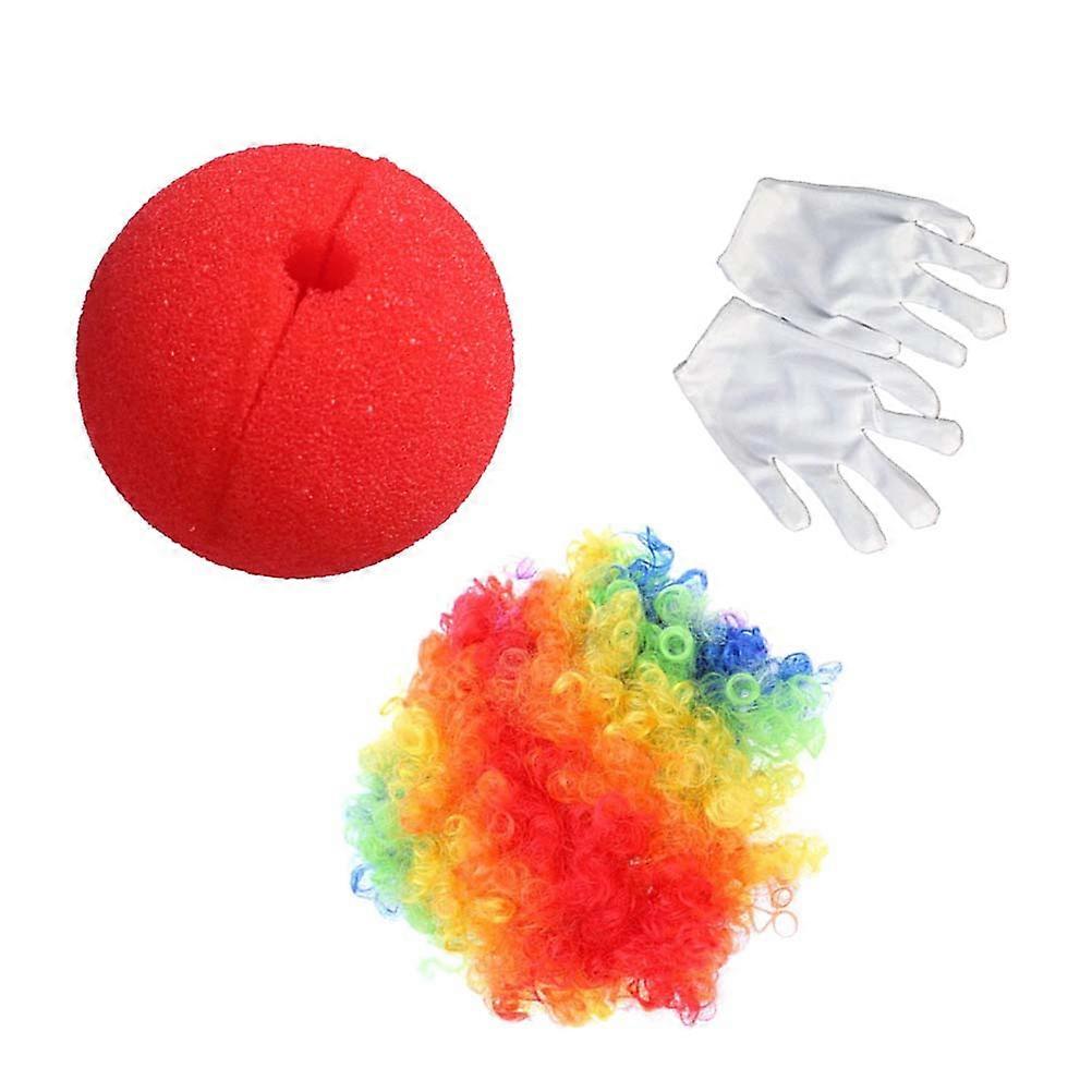 3pcs Clown Costume Set for Carnival Parties – Colorful Wig, Sponge Nose & Gloves for Fun Dress Up – Unisex Cosplay Fancy Outfit