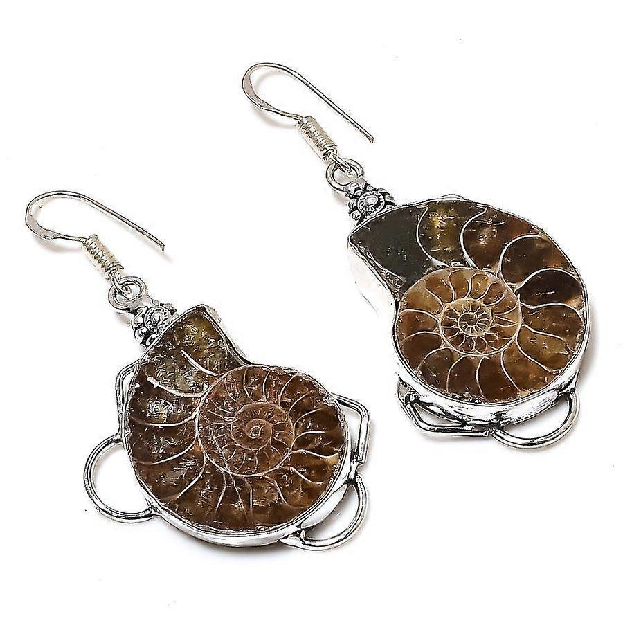 Natural Ammonite Fossil Gemstone Handmade 925 Sterling Silver Earring 2.25" B2y23