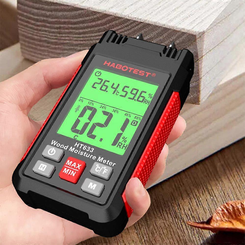 HABOTEST HT633 Wood Moisture Meter Pin-Type Digital Moisture Detector Ambient Temperature and Humidity with LCD Backlight Display for Wood Building Ma