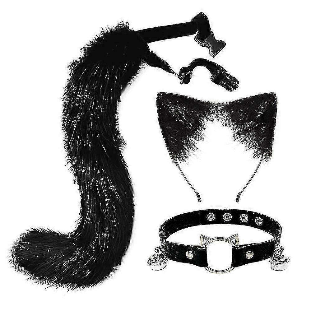 Furry Cat Ears Fox Tail Bell Collar Necklace Set Halloween Party Accessories Lolita Simulation Fur Plush Headwear Cosplay Props