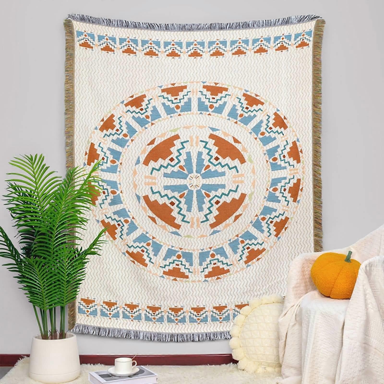 Couch Cover Blanket for Pets Polyester Cotton Ethnic Pattern With Fringed Sofa Protector 180x180cm 1 Seater Orange Blue