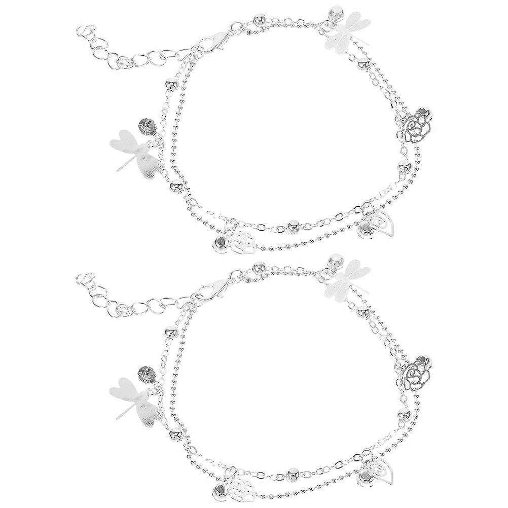 Double Layer Silver Anklet Bracelets for Women Comfortable Adjustable 4Pcs