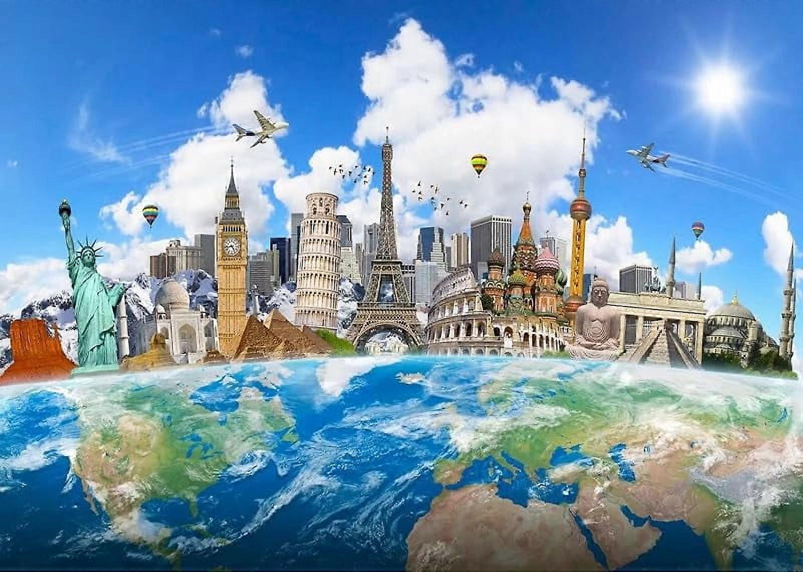 Fabric Around The World Travel Backdrop, Compatible with Global Travel World Map Earth Photo Background, Famous Landmarks for Photoshoot & Party