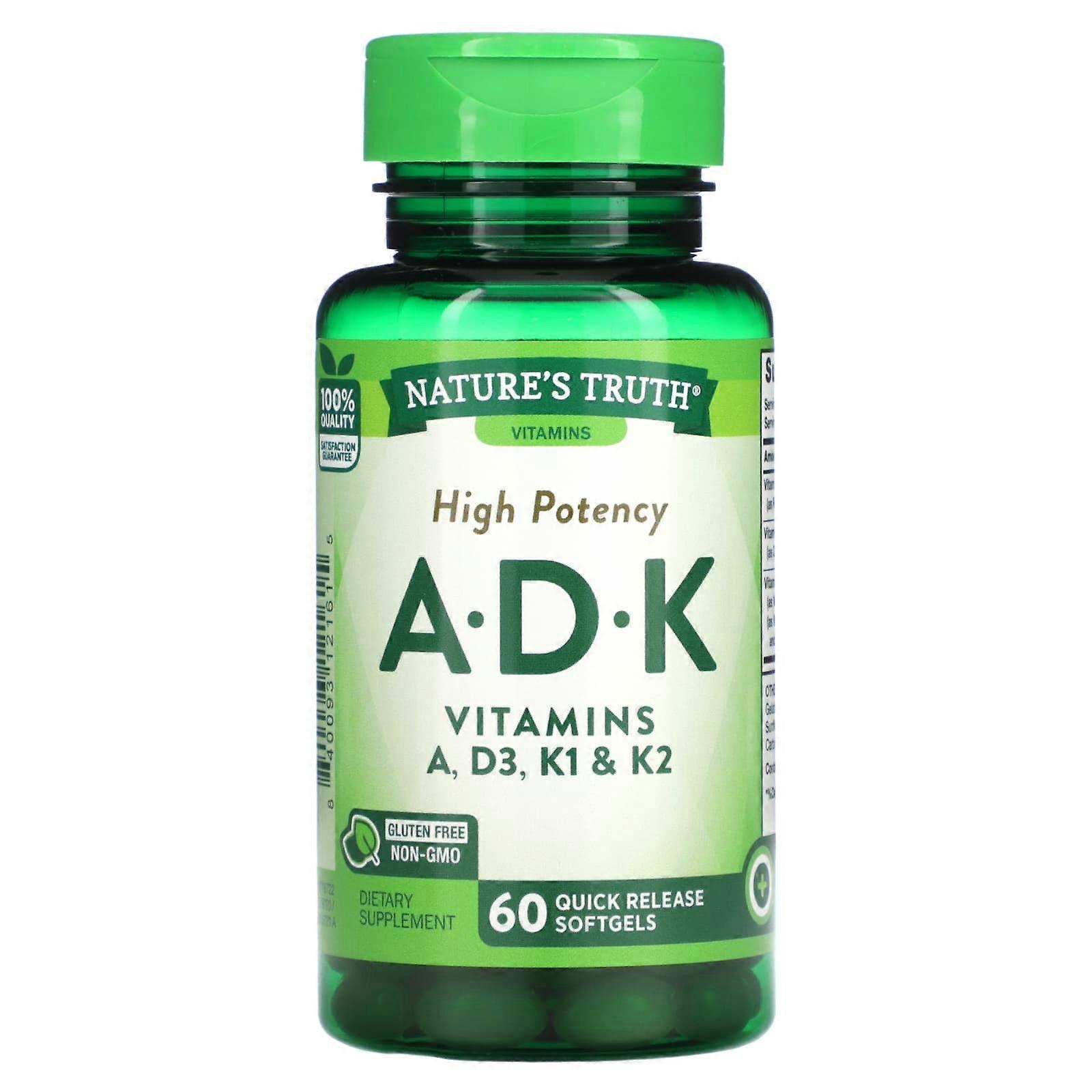 Nature's Truth, Vitamins A, D, K, High Potency, 60 Quick Release Softgels