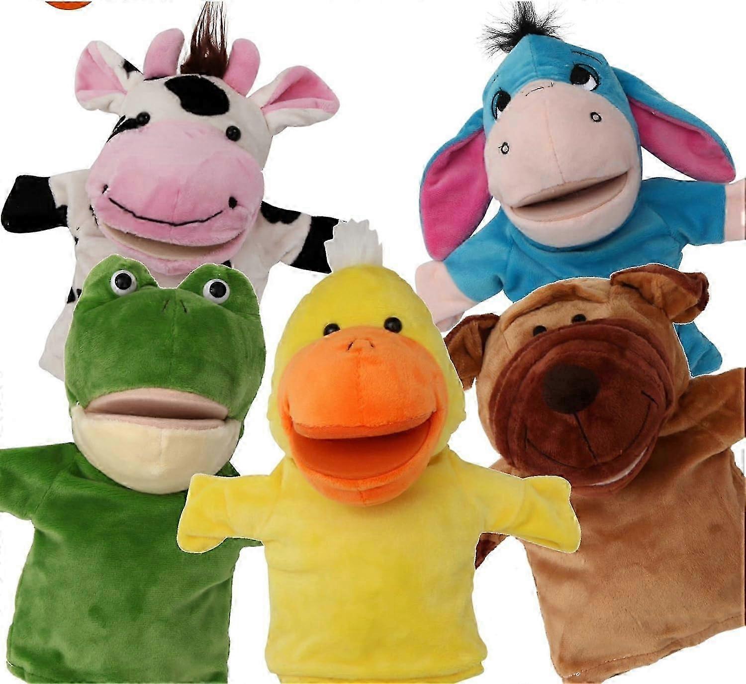 5-Piece Set Animal Hand Puppets with Open Movable Mouth/Zoo, Safari, Farm, Jungle/Cow, Duck, Brown Dog, Frog and Donkey 25-26s