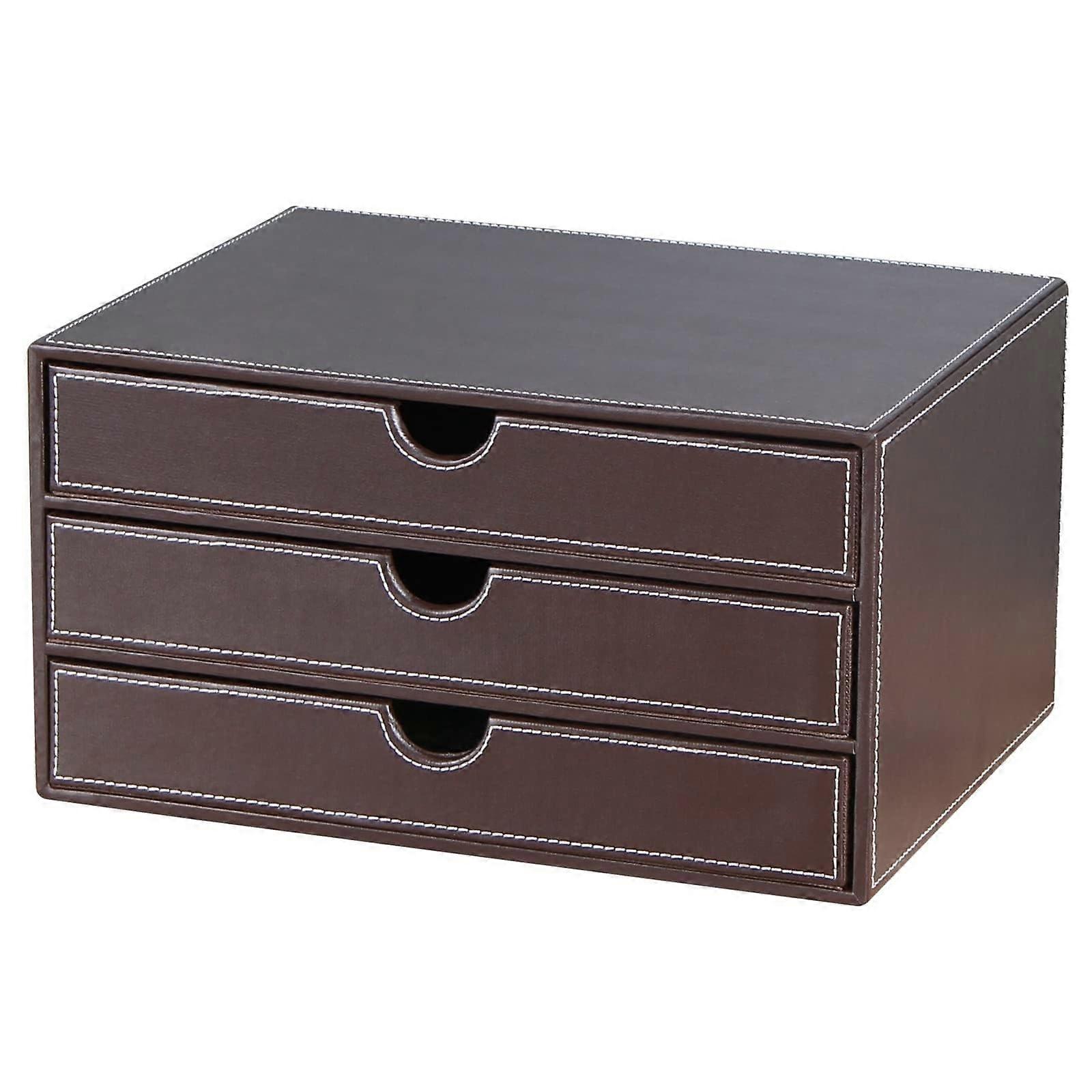 PU Leather Desktop Storage Box 3Drawer Stackable File Cabinet Organizer for Home Office