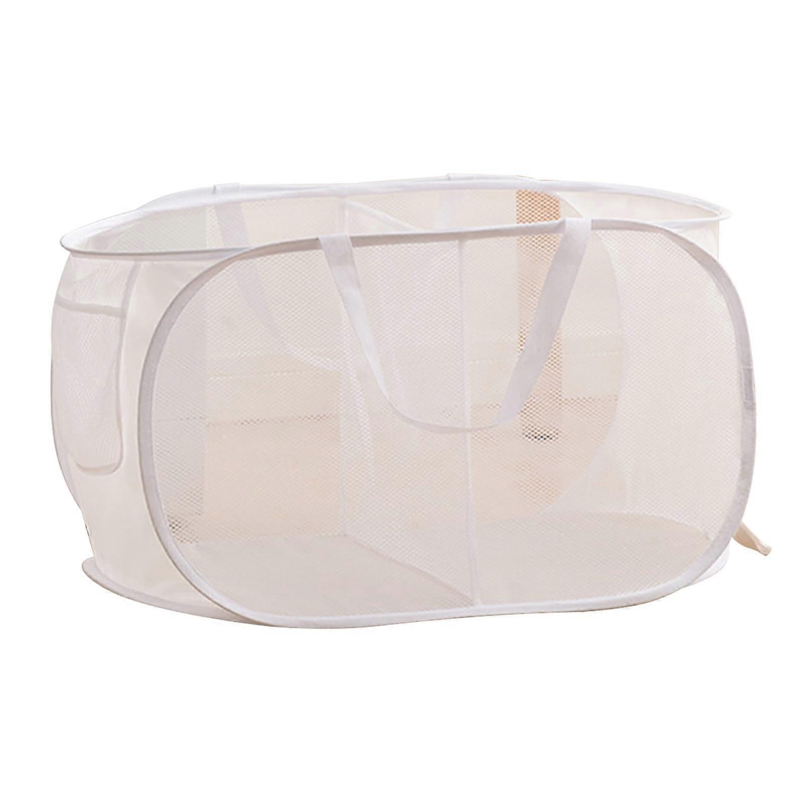 2 Section Portable Folding Laundry Basket Mesh Fabric Hamper With Handles PopUp White Minimalist SpaceSaving