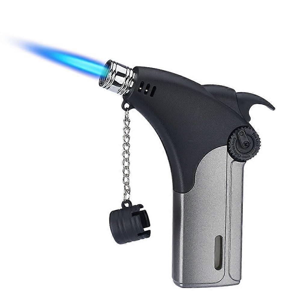Portable Metal Inflatable Lighter Windproof Jet Flame Butane Torch Reusable Compact Outdoor Gray Fuel Not Included