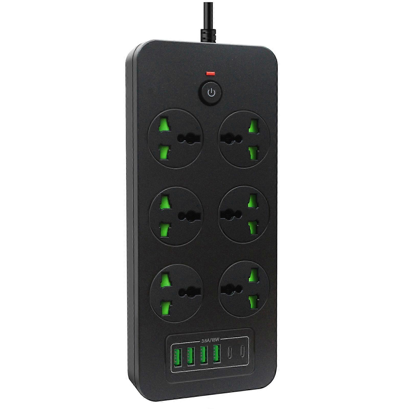 Thunderproof Overload Protection 4USB+2PD+6 Holes Socket Black UK Plug