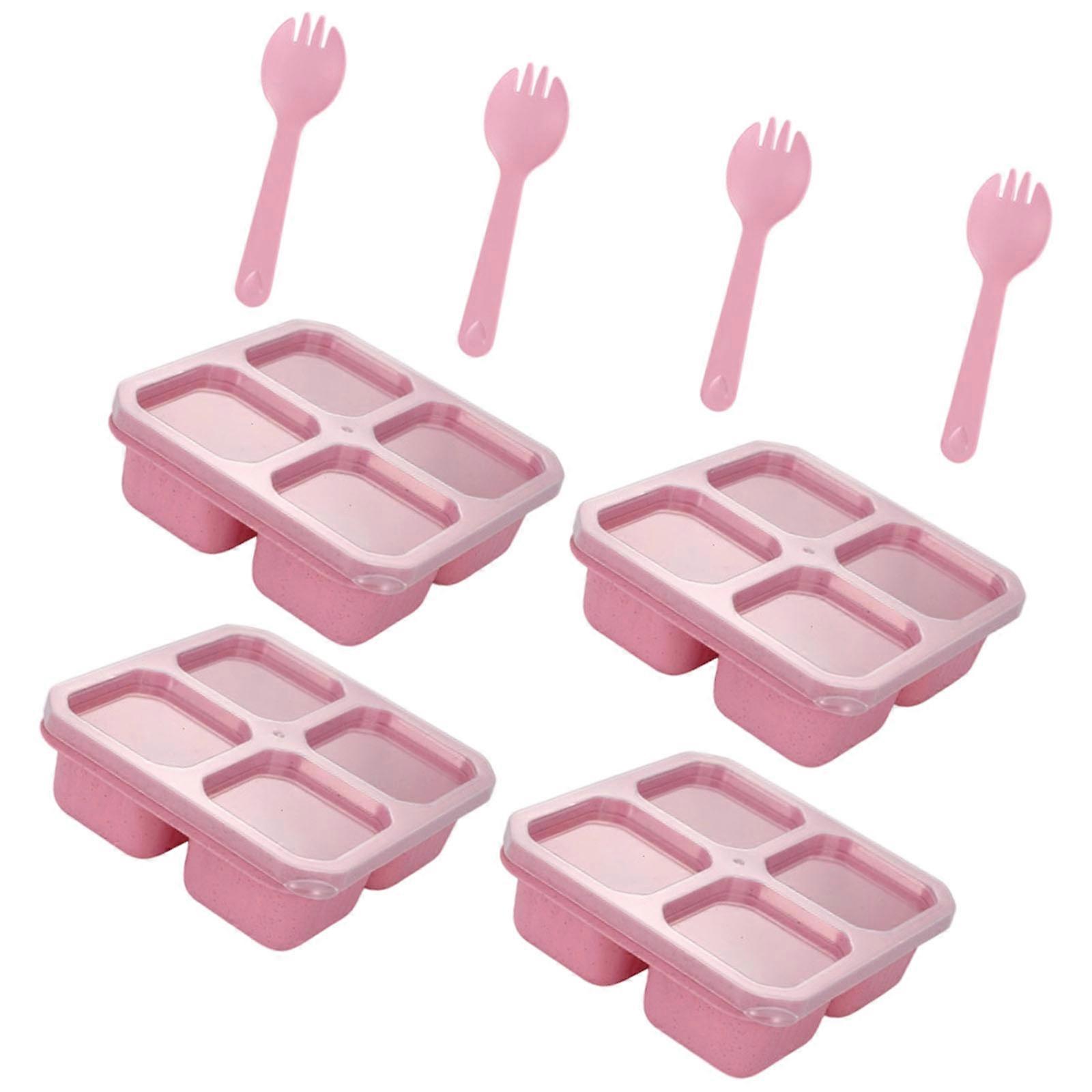 4 Pack Meal Preps Container 4 Compartment Bentos Snacks Box Reusable Divided Lunch Organizers Included Forks Clear Lid  Pink