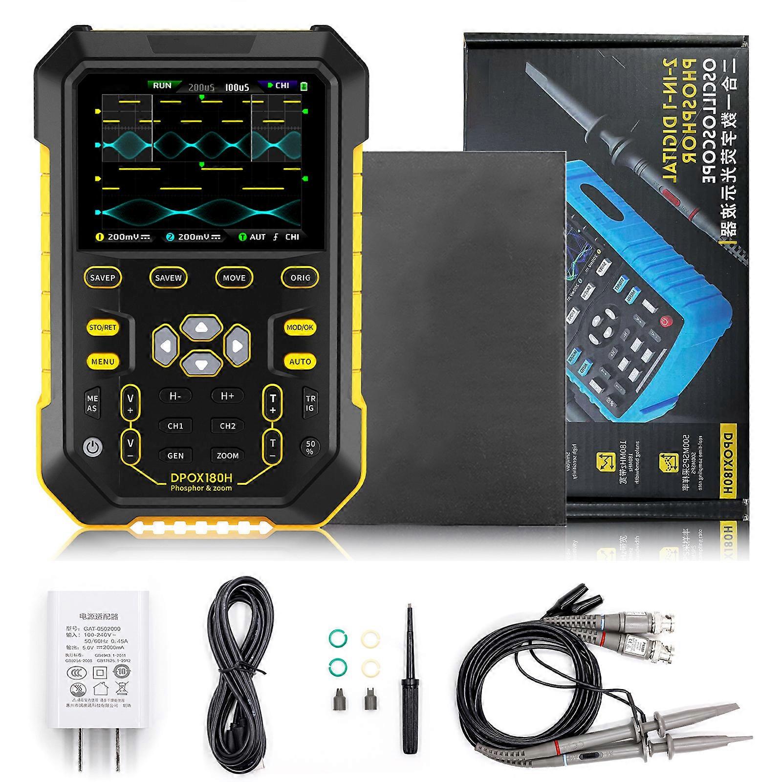 Digital Oscilloscope Handheld Oscilloscope 500MS/s Sampling Rate, Storage Oscilloscope 180MHz Waveform Bandwidth  Yellow
