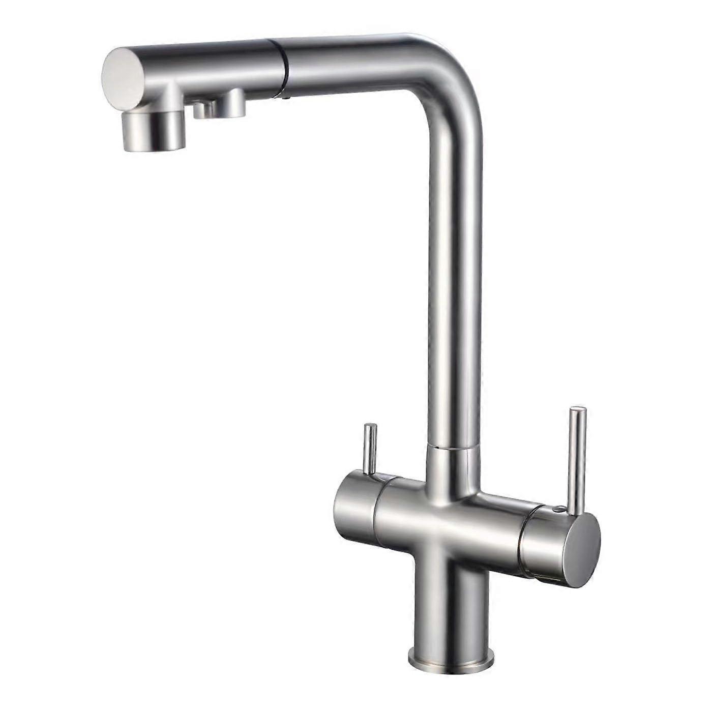 3 Way Kitchen Faucet with Pull Out Spray, Dual Handle Brass Mixer Tap, Swivel Brushed Chrome for Sink Water Filter