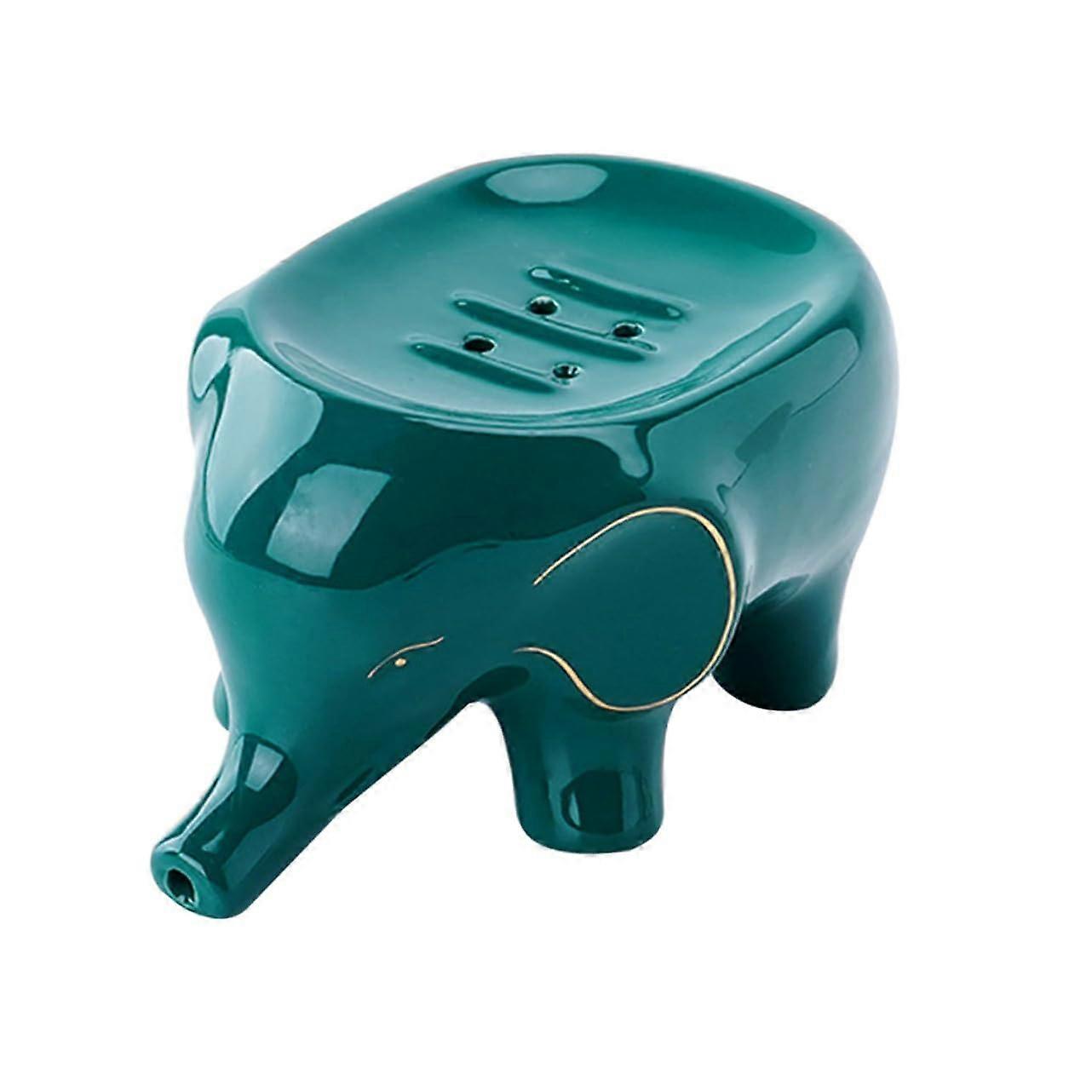 Ceramic Elephant Soap Holder with Drain for Bathroom Kitchen and Shower Green