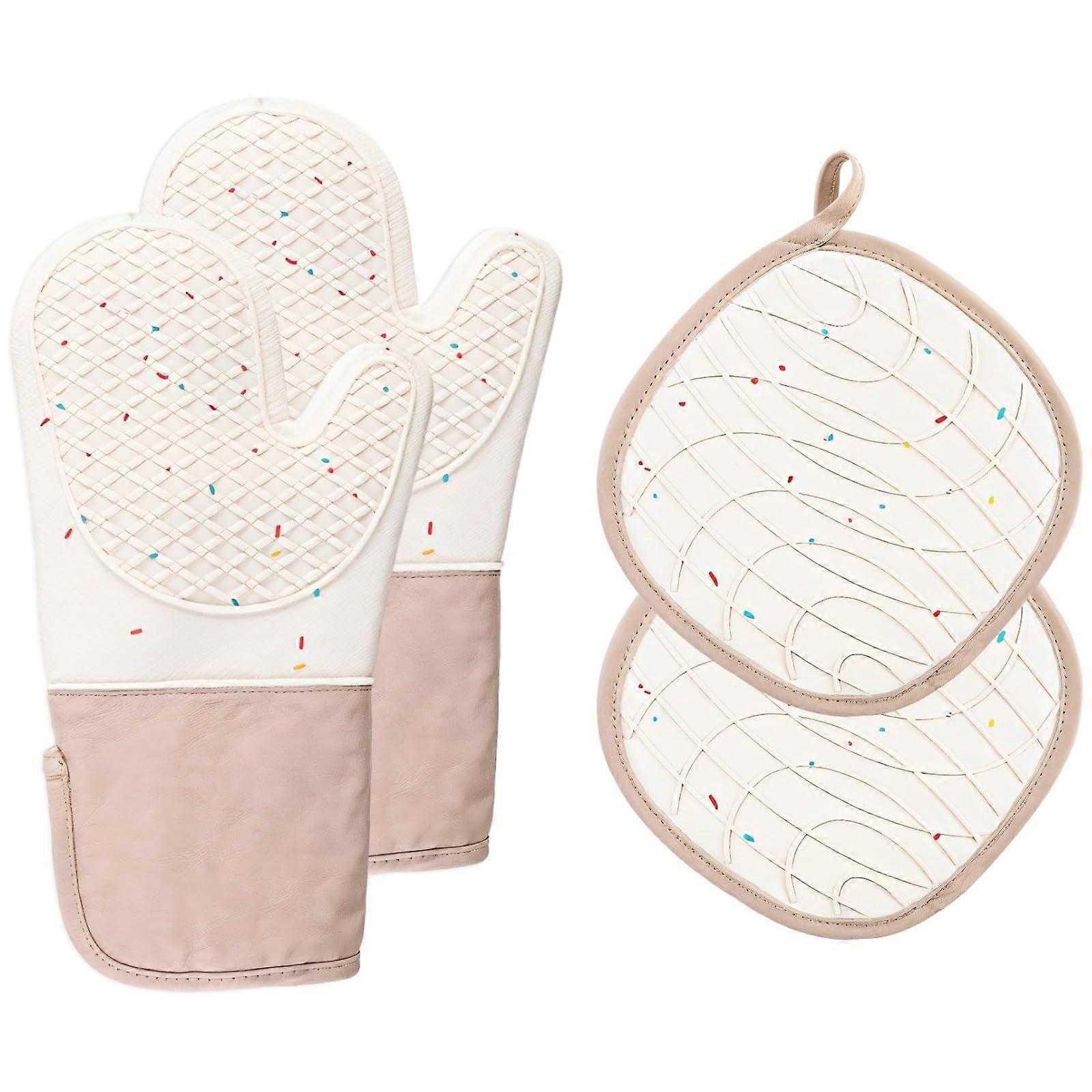 Silicone Oven Mitts and Pot Holders Set with Boho Mushroom Design, Heat Resistant for Cooking