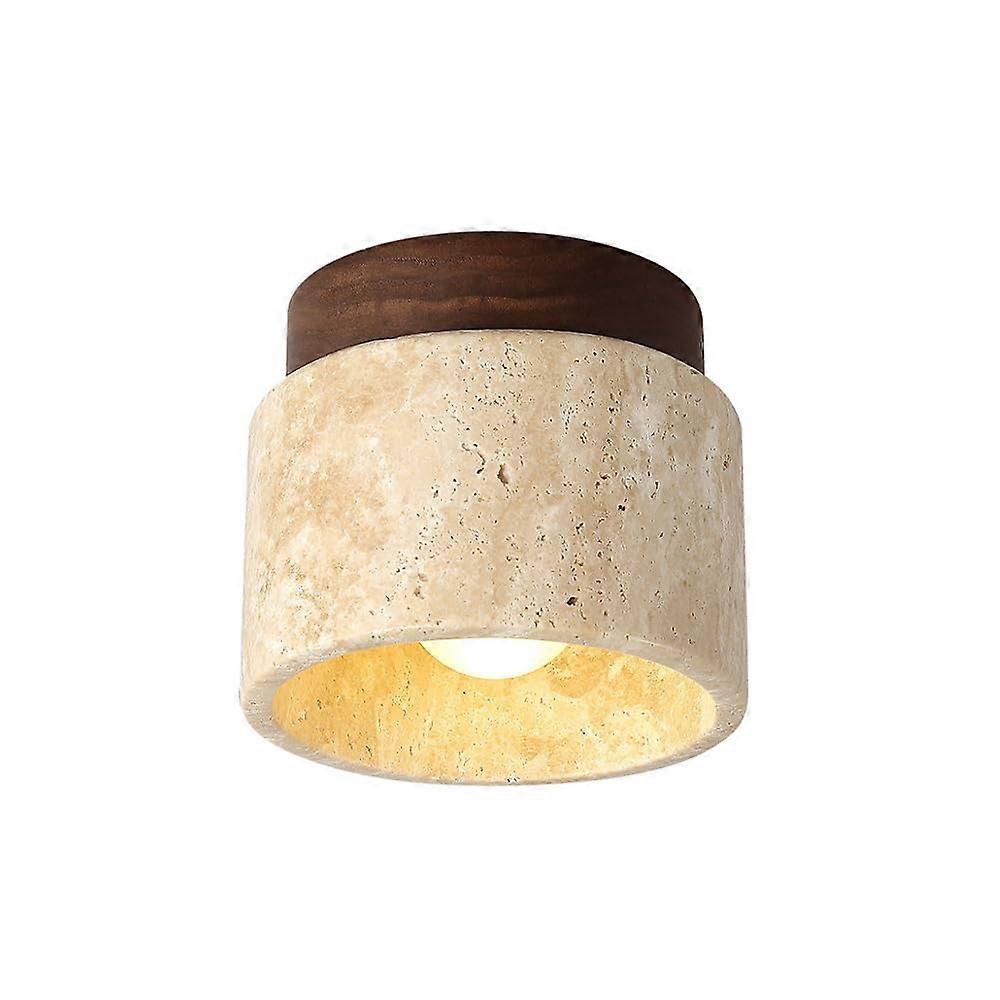 Nordic Yellow Travertine Ceiling Lamp with Walnut Wood Base, 12cm, Warm Ambient Light for Living Room