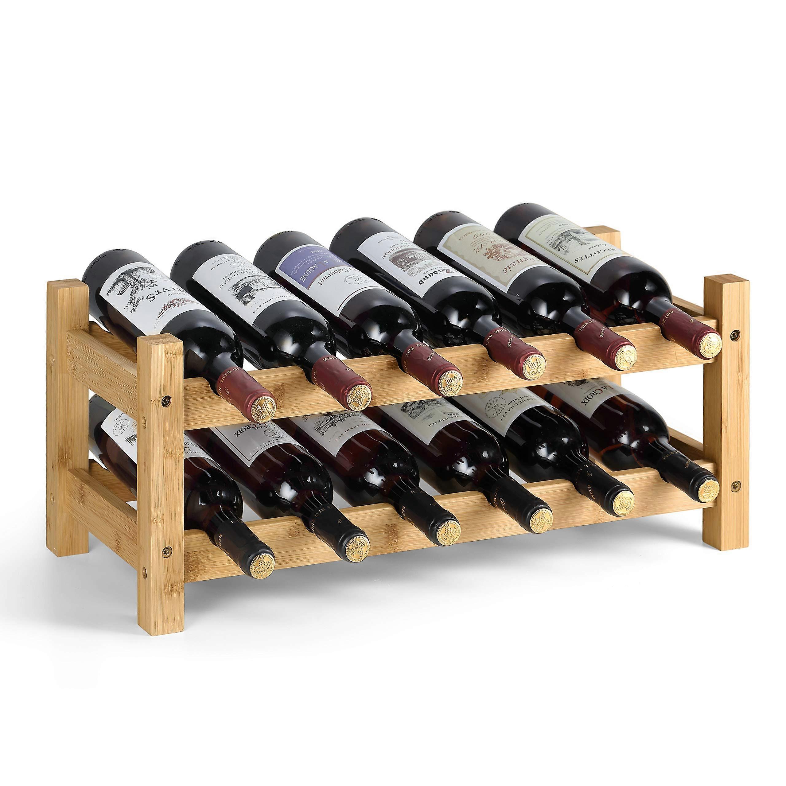 Bamboo Wine Rack 2 Tier  Standing Holds 12 Bottles Space Saving Wine Storage Shelf for Home