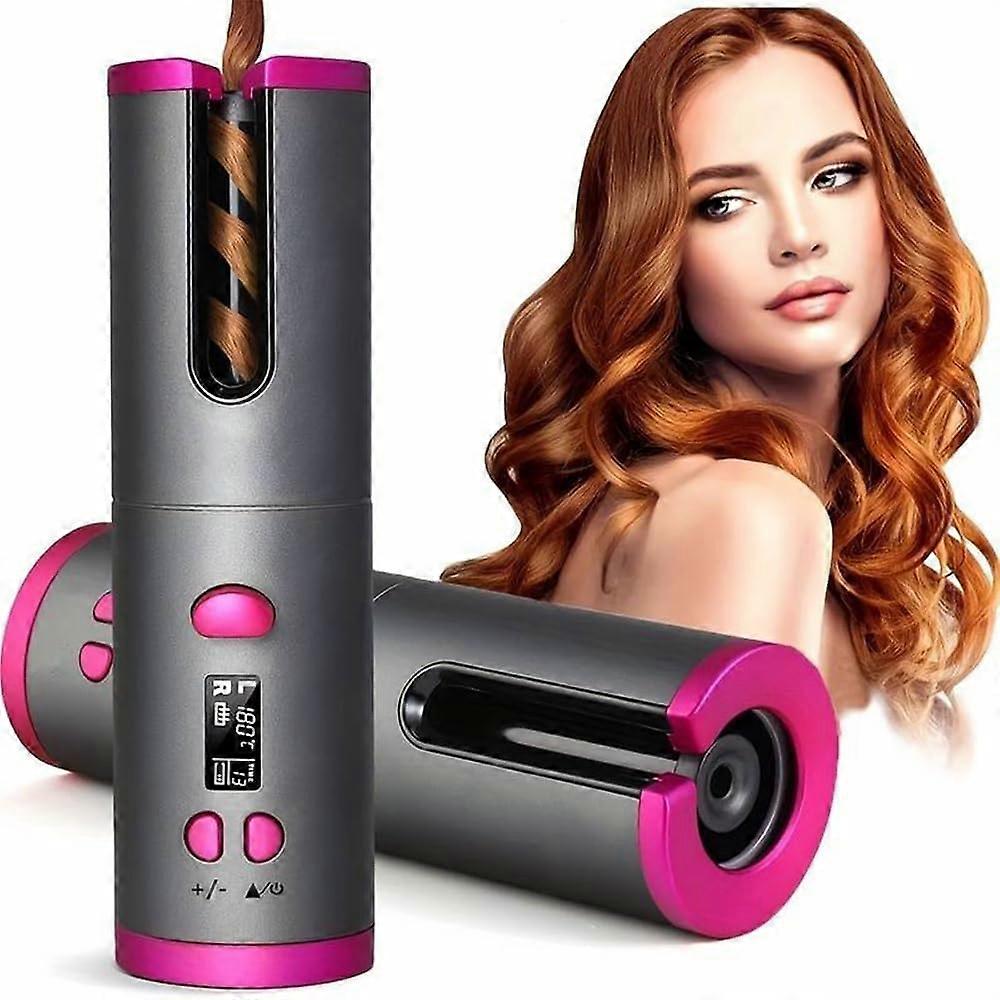 Cordless Hair Curler with LCD Display, Automatic Curling Iron, Adjustable Heat and Timer, Gray