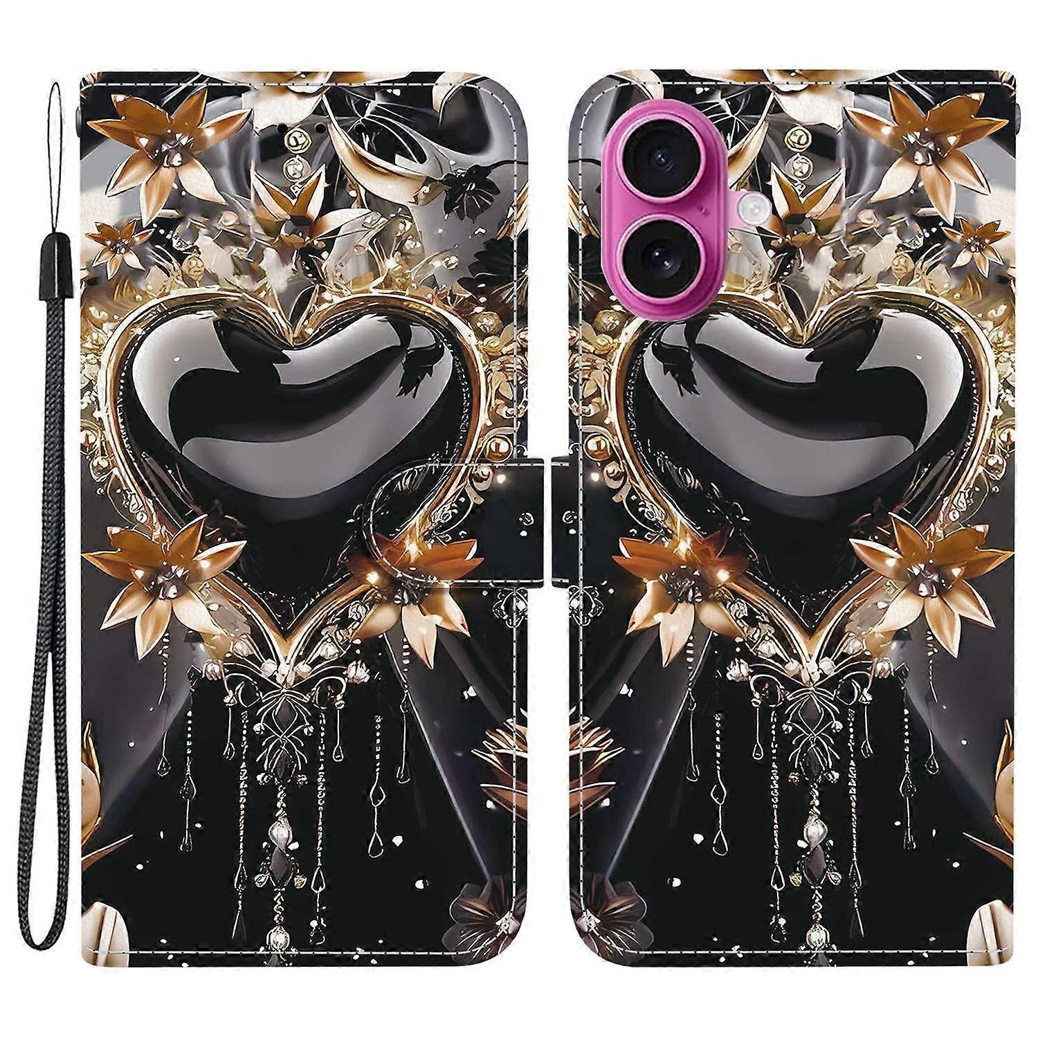 For iPhone 17 Wallet Case Pattern Printing Leather Stand Phone Cover with Strap