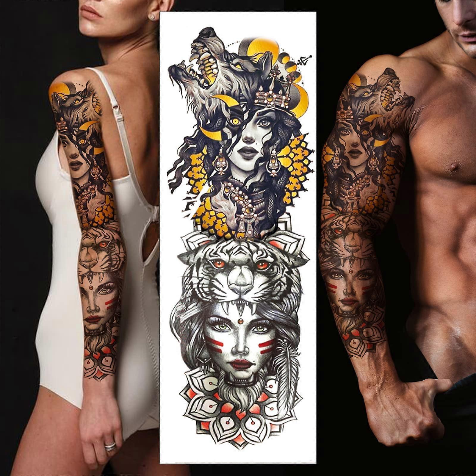 Extra Large Waterproof Temporary Tattoo Sleeve with Realistic 3D Tribal Wolf Design Full Arm Coverage