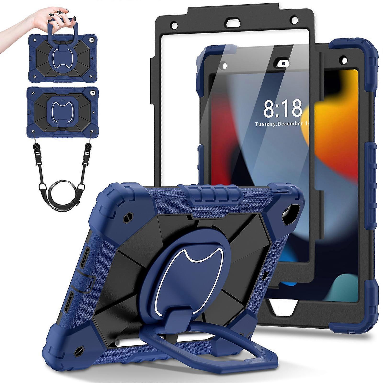 Case for iPad 10.2 9th/8th/7th Gen Heavy Duty Shockproof with 360 Rotating Stand Strap Screen Protector