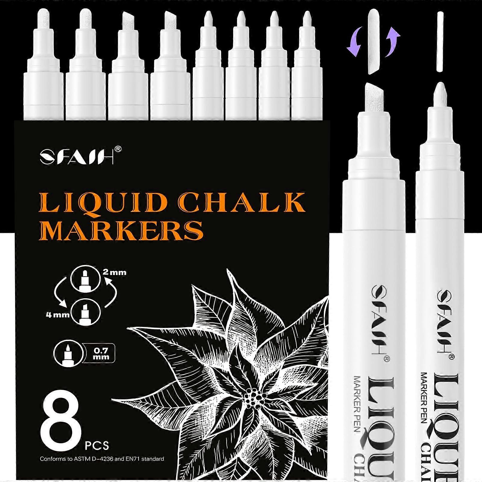 White Liquid Chalk Markers 8 Pack with Multiple Tip Sizes for Blackboard, Glass, Windows, Signs