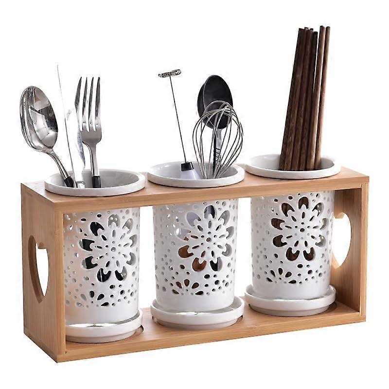 Ceramic Utensil Holder with Bamboo Stand, MultiCompartment Kitchen Cutlery Organizer, SpaceSaving Storage