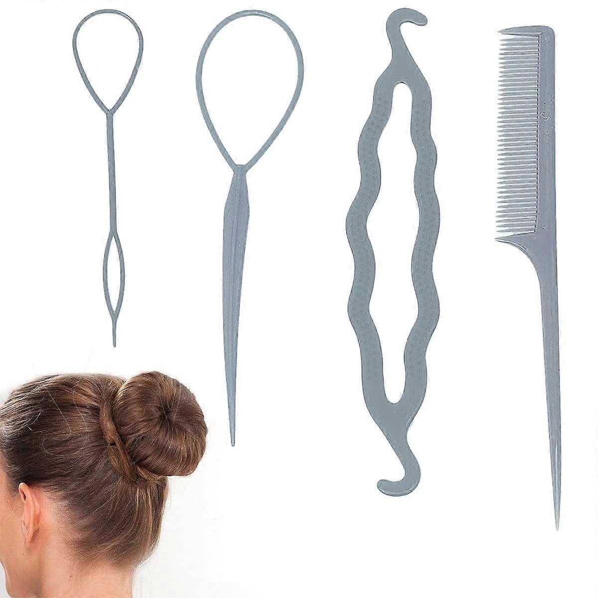 4 Pcs Hair Styling Tool Set with Loop for Easy Braids and Ponytails, DGrey