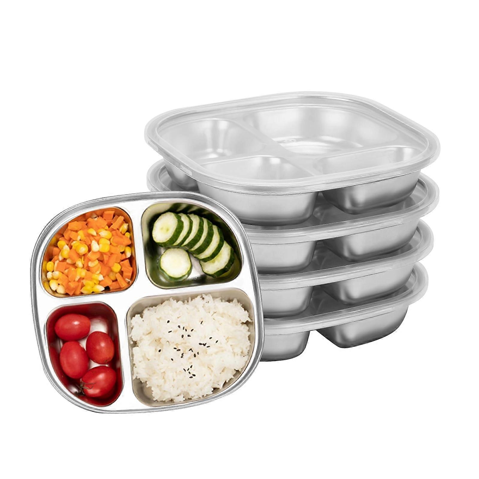 4Pack Stainless Steel Divided Plates with Lids, Portion Control Meal Trays, BPA, 4Section