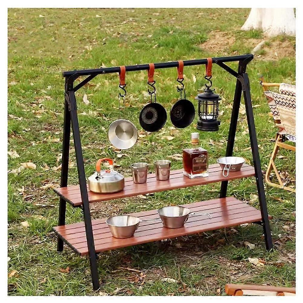 Camping Cookware Rack with Stable Triangle Design, Foldable Outdoor Storage Stand with Hooks and Carry Bag