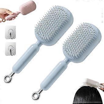 Hair Detangling Brush with Retractable Cushion and Self Cleaning Bristles, Anti Static Scalp Massage Comb 2PCS Blue