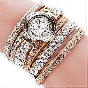 Armbanduhr mit Strass-Design, mehrlagigem Armband aus Legierung, modische Damenarmbanduhr, Gold
