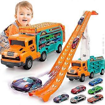 Truck Toys Car for 3, 4, 5, 6 Years Old Boys, Transport Truck Car Toy, Foldable 2 Layer Transport Car Toys with 27 in Race Track and 6 Metal Cars, Bir