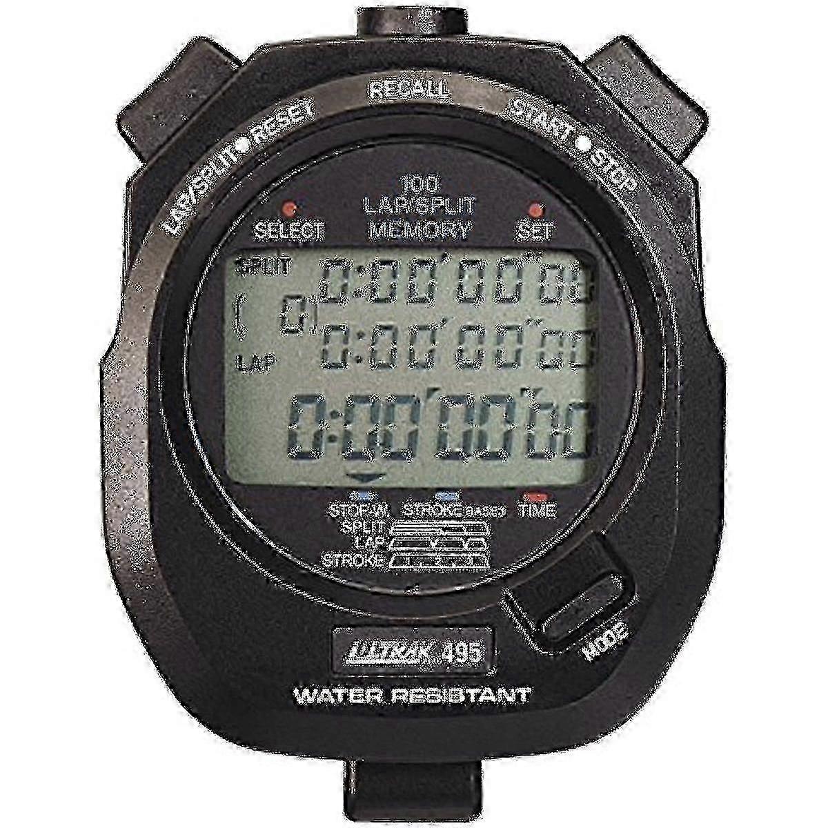 Dual Split Memory Stopwatch, Black, Water Resistant, Large Display, 100 Split Memory, Includes Lanyard