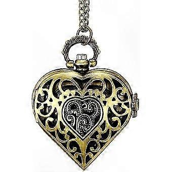 Wearable Analogue Pocket Watch with Heart Pendant Necklace and Chain, Bronze