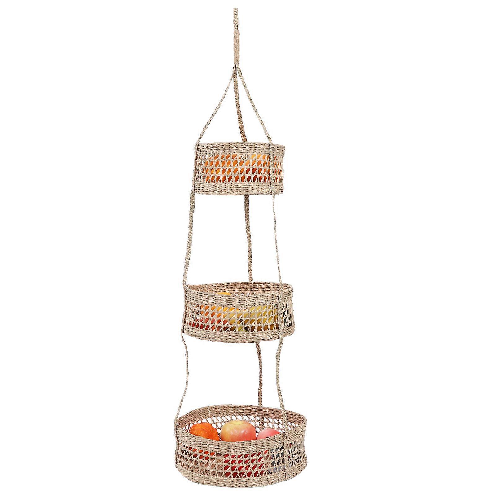 3-Tier Rattan Hanging Fruit Basket, Foldable, 100cm Length