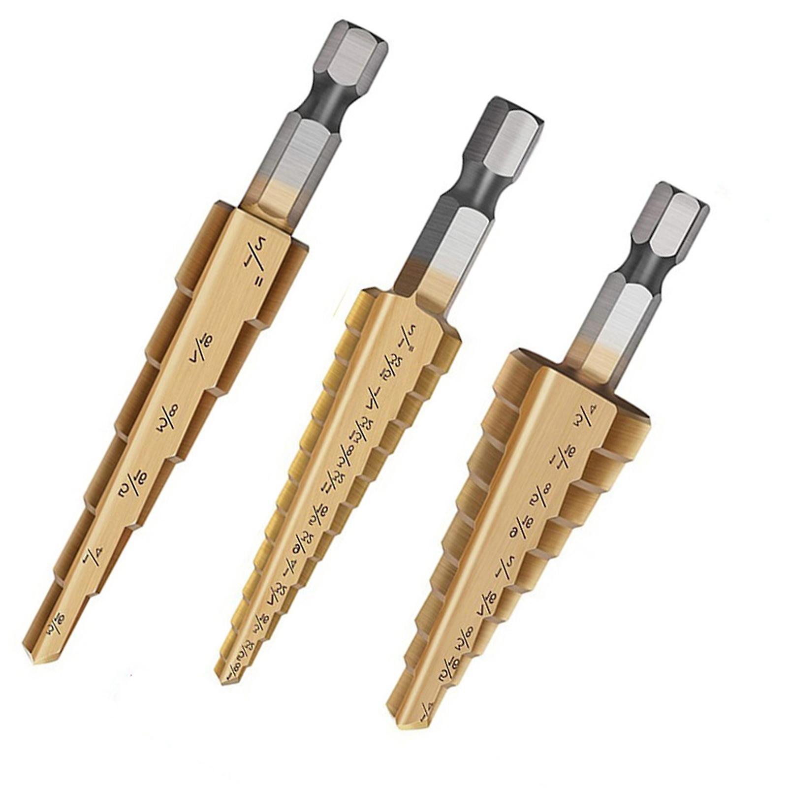 3Pcs Step Drill Bit Imperial HSS Ti Coated Grooved Hex Shank Tool with Cloth Bag British System 